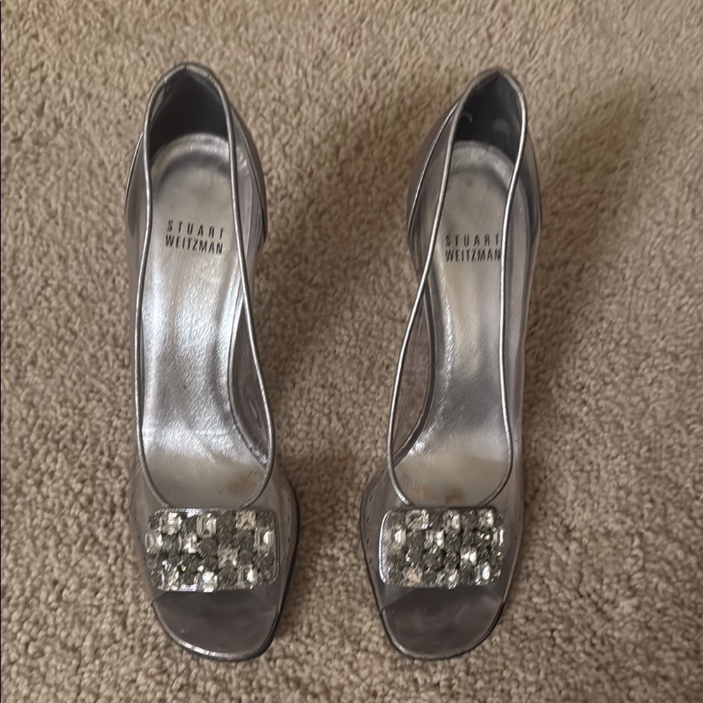 Stuart Weitzman Metallic Silver Heels with Embellishments